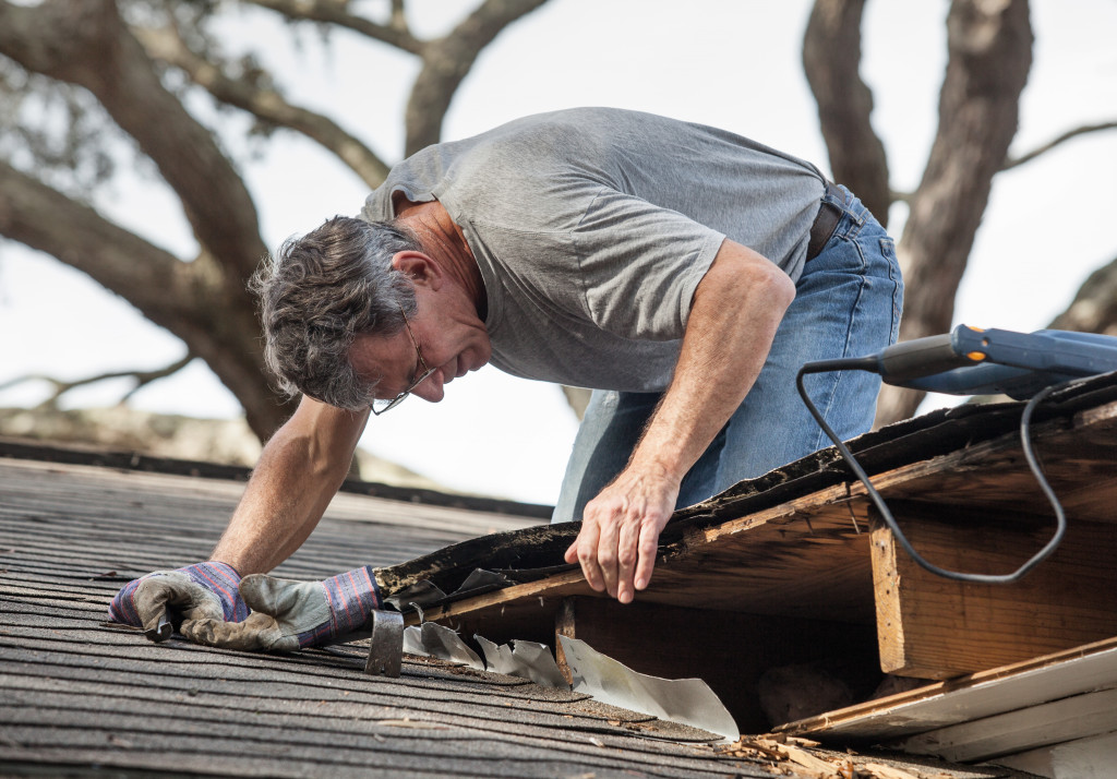 DIY homeowner repairing roof