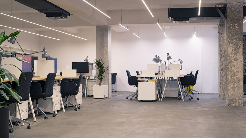 a modern office with desks and computers